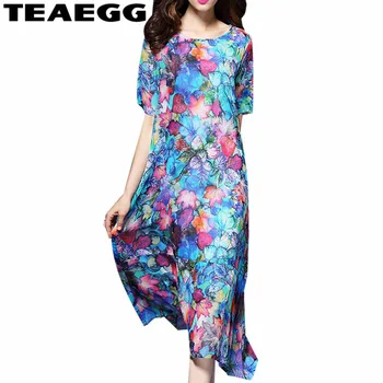 

TEAEGG High Quality Women Summer Dress 2020 Loose Blue Floral Silk Dress Femme Plus Size 3XL Bohemian Party Dresses Casual AL922