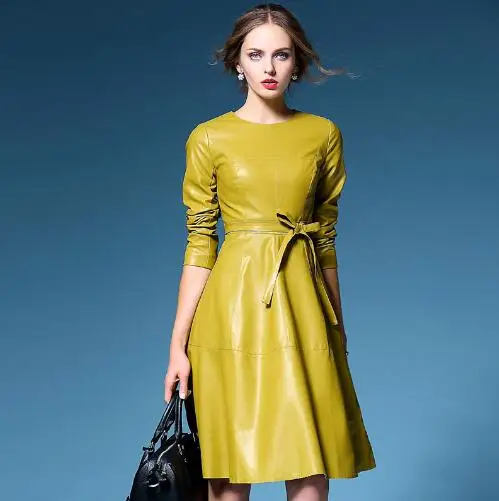 

2018 Women Unique Design PU Leather Runway Dresses 2018 Autumn Winter Long Sleeve Big Swing Dress Yellow Black In Stock ZN142
