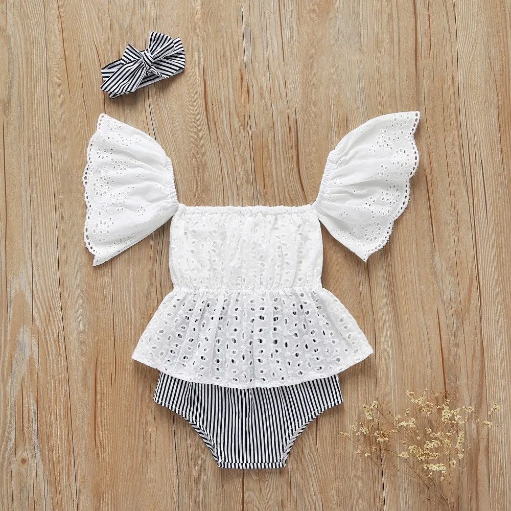 3pcs/set baby girl clothes Toddler Lace short sleeve Top+Stripe short+headband Newborn Infant clothing sets outfits