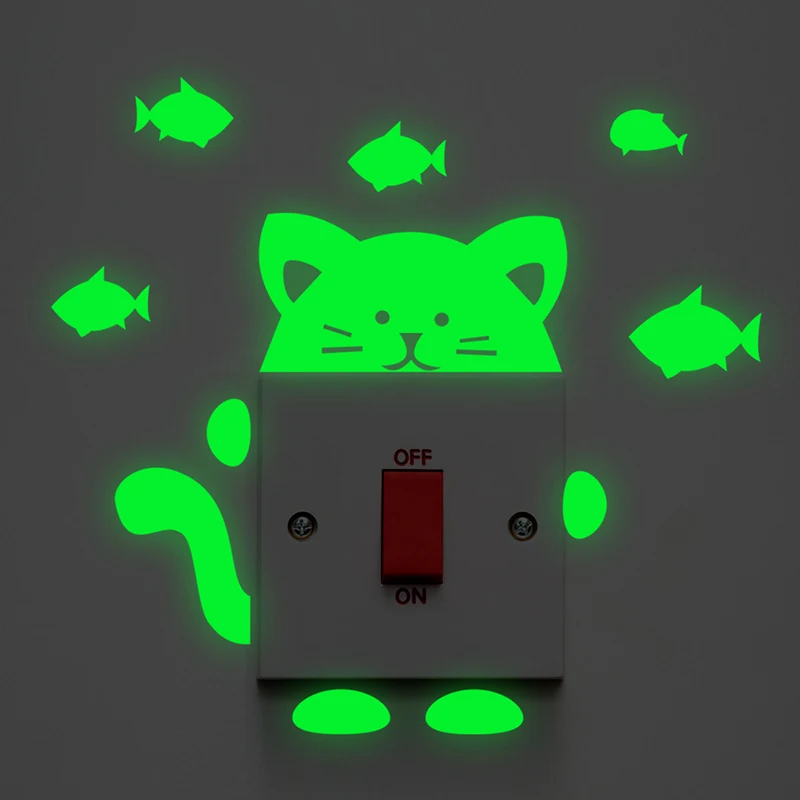 Kitten Luminous Switch Panel Stickers Glow In The Dark Decoration For Home Living Room Decor Vinyl Fluorescent Mural Wallpaper