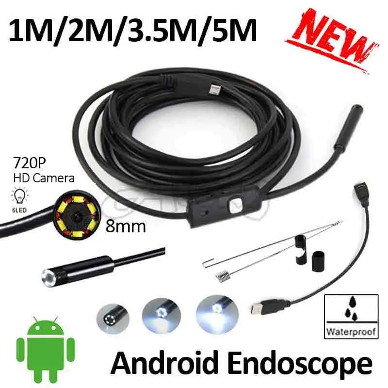 

8mm Lens Android USB Endoscope Camera HD720P 5M 3.5M 2M 1M Flexible Snake USB OTG Android Phone 2Mega Pixel Borescope Camera