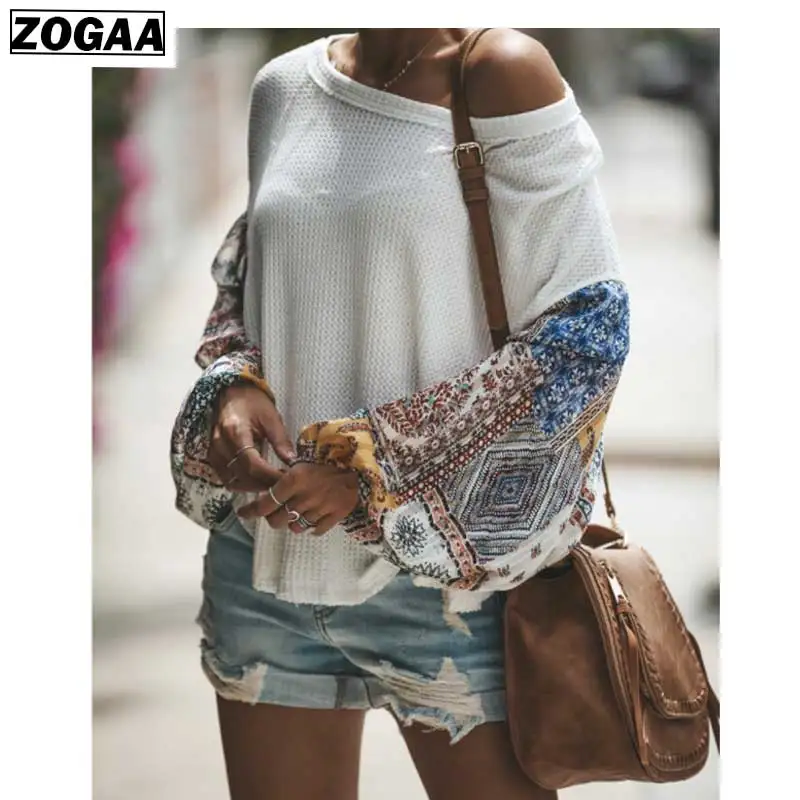 

ZOGAA Casual Plus Size Lady Knitted Sweater Blue Patchwork Long Sleeve Taps 2019 Spring Print Women' Clothing sweater women