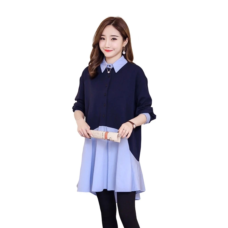 

2019 Spring and autumn pregnant women dress long sleeve turn-down collar autumn maternity dress patchwork shirts