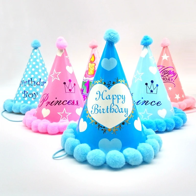 

Princess Prince Happy Birthday Pompon Paper Cone Hats Dress Up Girls Boys Birthday Party Xmas Decorations Supplies Baby Kids