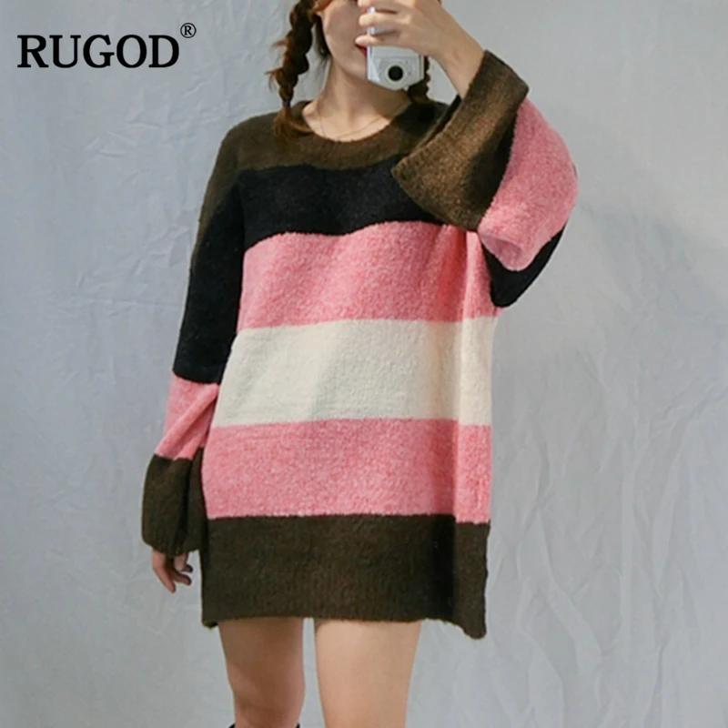 RUGOD женский o-образный вырез полосатый свитер 2018 модные Повседневное вязаный рукав "летучая мышь" негабаритных пуловеры для Для женщин Sueter