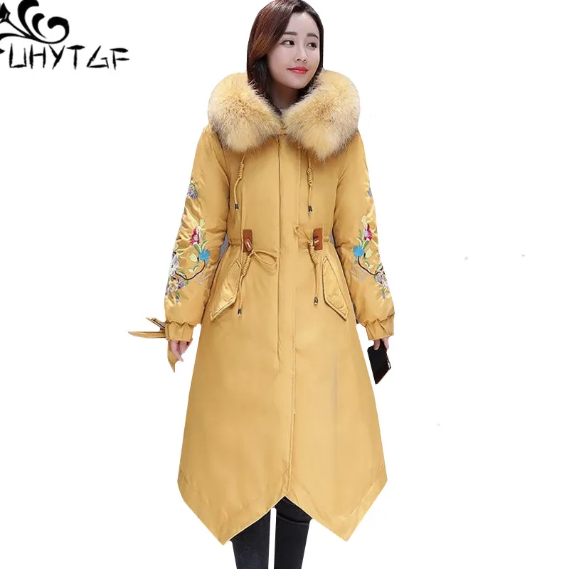 

UHYTGF Plus size winter jacket Big fur collar Hooded Warm long outerwear Parker women Bow embroidery Loose Snow cotton coat 1093