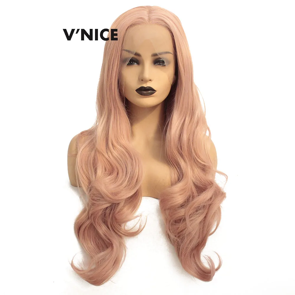 V'nice Long Wavy Wig Rose Gold Pink Synthetic Lace Front Wig Heat Resistant Peach Color Natural