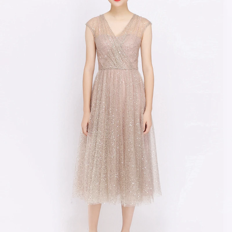 

2019 Summer High Quality Runway Dress Women V Neck Sequined Midi Dress Female Holiday Party Dresses