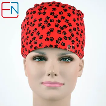 

Hennar Sugical Scrub Caps Hospital Women Work Cap 100% Cotton Scrub Hat Print Footprints Fabric Ties Elasticized Back Scrub Caps