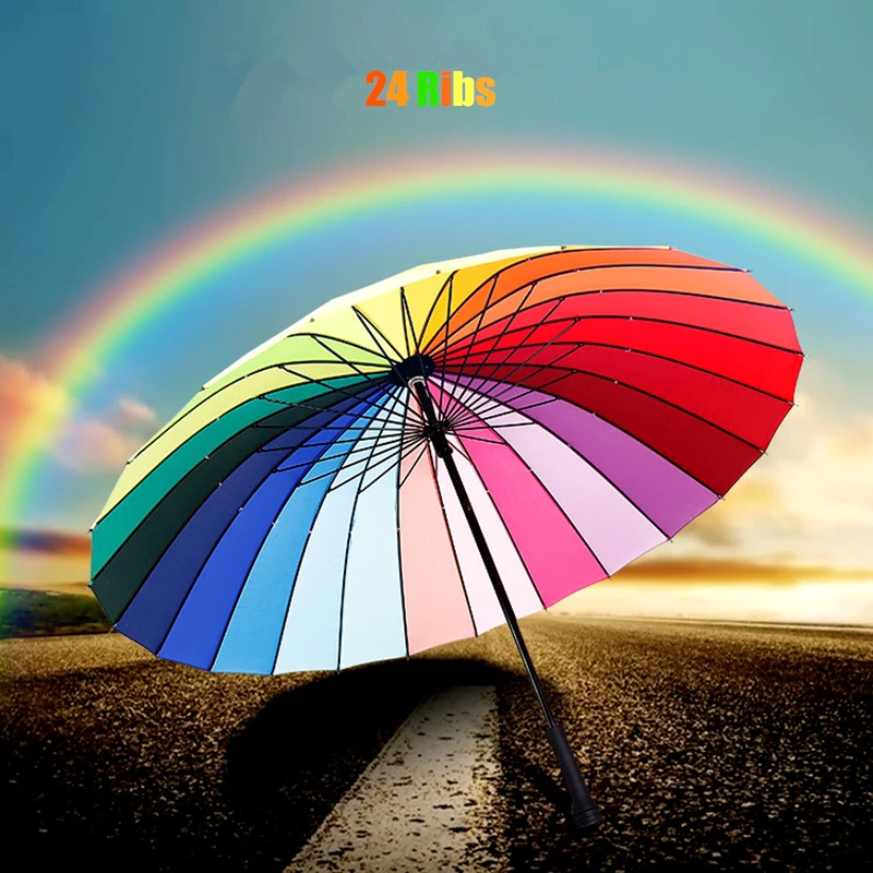 

24 Ribs Rainbow Colorful Big Long Straight Handle Women Rainy Sunny Umbrella Windproof High Quality Car Golf Beach Fishing Gift
