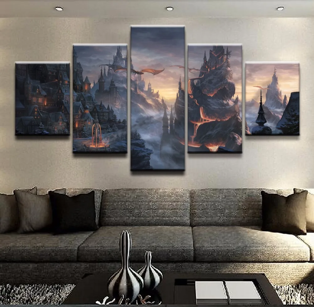 

HD Printed Canvas Wall Art Poster Home Decoration 5 Panel Fantasy Poster Dragon House Lava Mountain Pictures Modular Painting