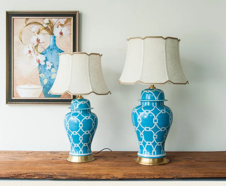 Роскошный китайский Jidezhen синий керамический Настольный светильник для гостиной спальни свет медная база настольная лампа ткань Домашнее