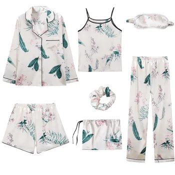 

Pajamas Women Sleepwear pajamas Sets 7pcs/set Silk like Night suit for women nightgown babydolls women pajamas set with Eye mask