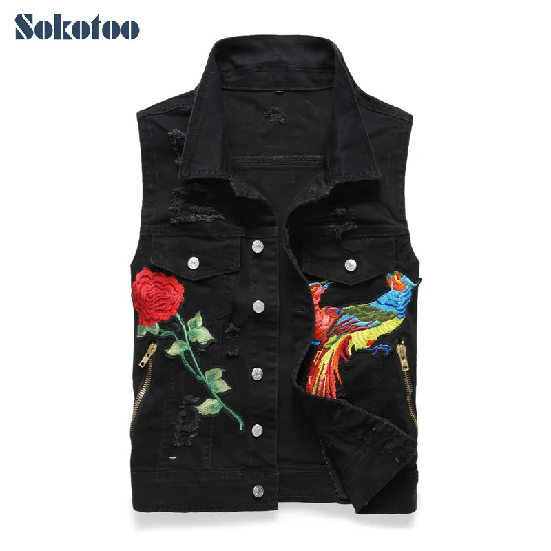 

Sokotoo Men's rose flower eagle embroidered vest Fashion embroidery ripped denim vest Black white