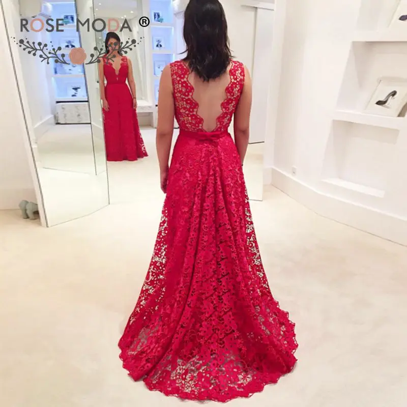 

Rose Moda V Neck Red Lace Evening Dress with Sash Backless Formal Party Dress 2019