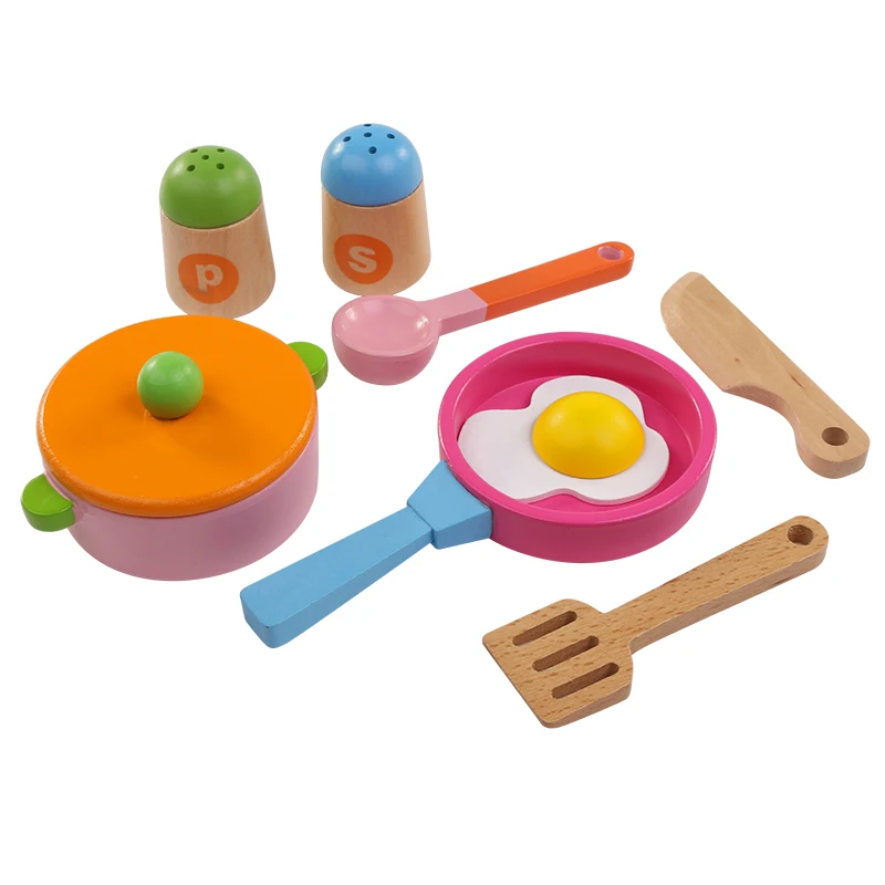 Baby 8 stücke Holz Kinder Küche Simulation Kochgeschirr Spielzeug Topf Tablett Bildung Lebensmittel Spielzeug Mädchen Geschenk