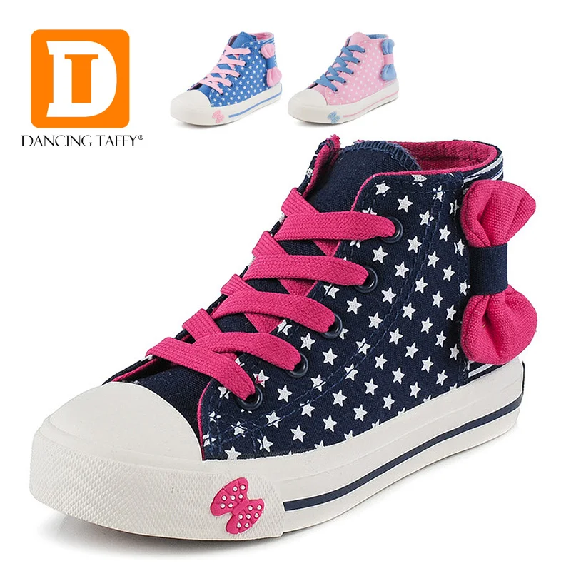 

Cute Dot Bow Tie Girls Shoes 2019 Canvas Rubber Children Shoes New Fashion Child Princess High Kids Girls Sneakers Single Boots