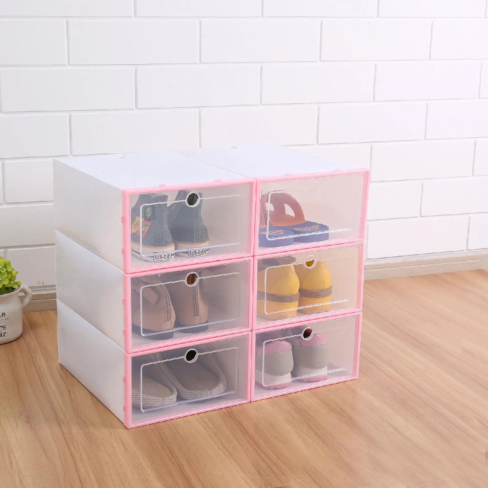 6Pcs Plastic Container Shoe Box Drawer Storage Organizer Thickened Flip Case Stackable Rectangle Boxes White Black - Цвет: Pink1