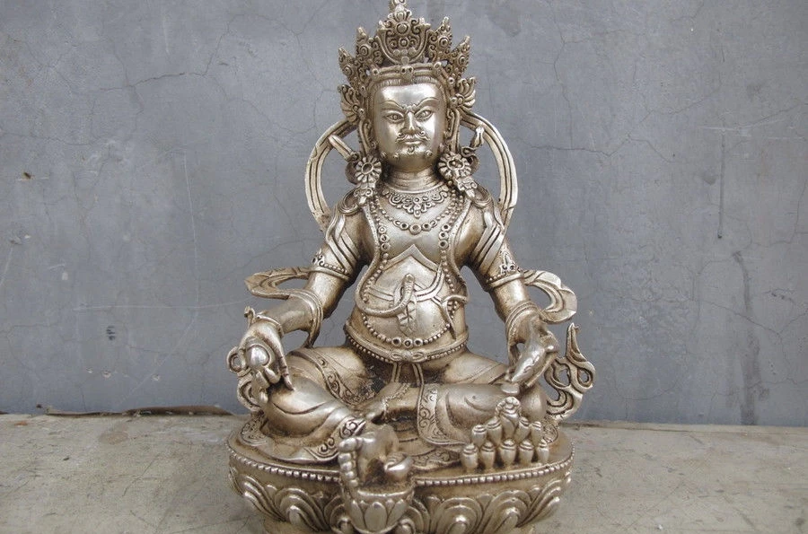 

Tibet Buddhism White Bronze Silver Yellow Jambhala wealth God Buddha Statue
