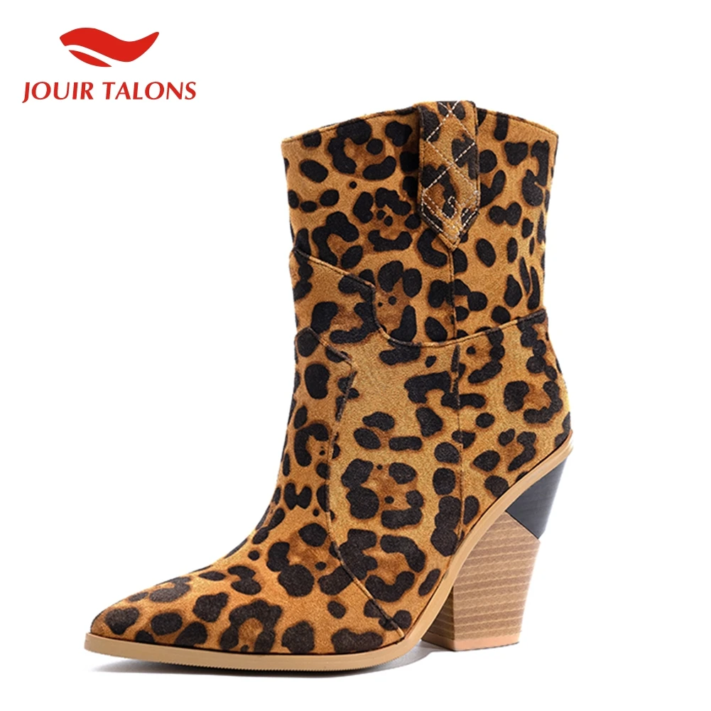 

Brand Leopard Fashion Plus Size 46 Vintage 10cm High Heels mid-calf Boots Women Shoes Shopping Western Boots Shoes Woman
