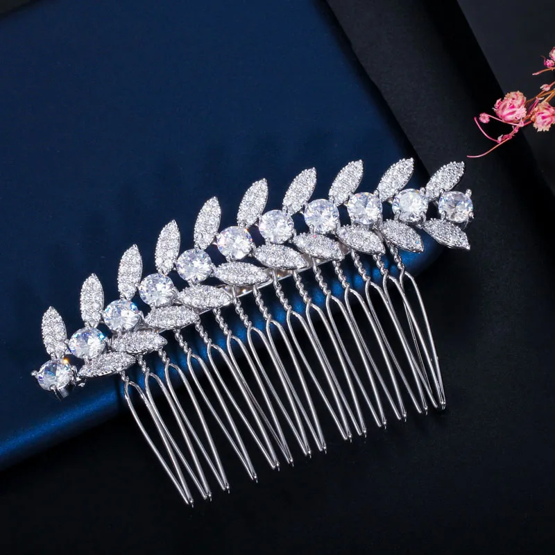 CWWZircons Luxury White Gold Color Shiny Cubic Zirconia Stone Leaf Bridal Wedding Hair Combs Pins Jewelry Accessories A011 - Окраска металла: Silver