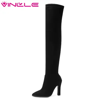 

VINLLE 2020 Elegant Women Over The Knee Boots High Heel Pointed Toe Slip On Women Shoes Black Women Leisure Boots Size 34-43