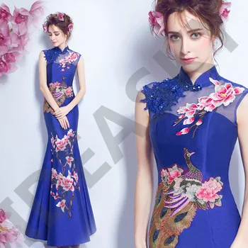 chinese style wedding traditional elegant cheongsam dress lace red blue white qipao long dragon and phoenix long mermaid
