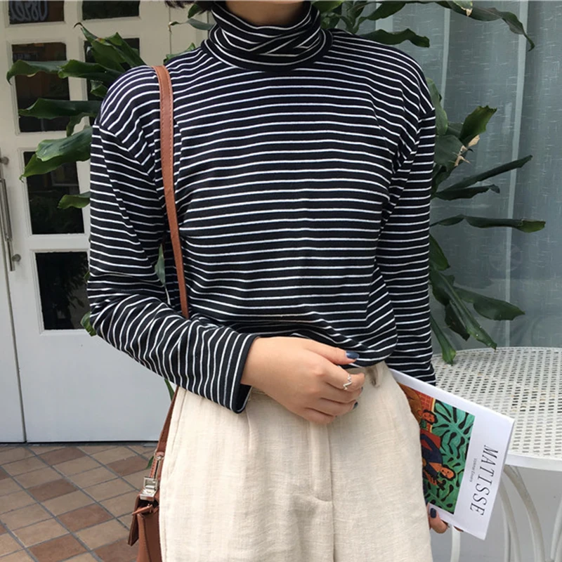 

winter Ulzzang fashion large size render female striped turtleneck casual Harajuku Korean long sleeved T-shirt