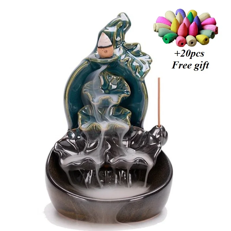 

Creative Ceramic Gourd Lotus Waterfall Backflow Incense Burner Incense Stick Holder Fountain Home Decor + 20pcs Incense Cones