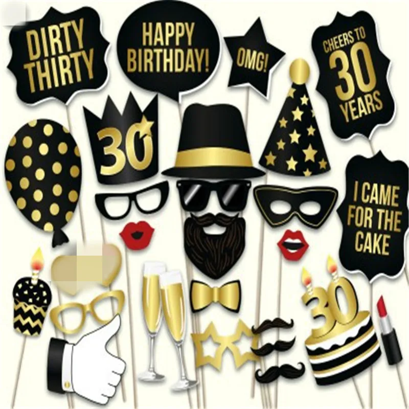 

28Pcs/Set 30/40/50 Birthday Party Photo Props Birthday Party Decorations Party Golden Paper Mask For Adult Bachelorette Party
