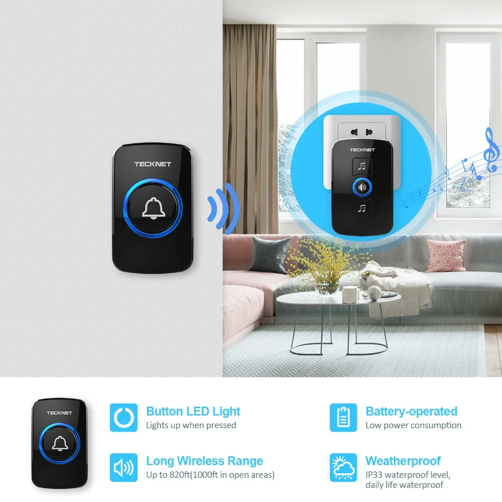Wireless Cordless Doorbell Twin Waterproof 32 Chime Portable Long Range Black