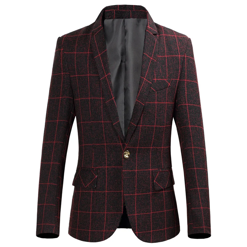 

Quality Men's Single Button Blazer Retro Classic Plaid Slim Suit Jacket Wine Red Gray Fashion Business Casual Blazer size S-6XL