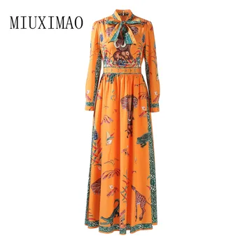 

High Quality 2018 Autumn Newest Fashion A-Line Turn-down Collar Full Sleeve Bow Print Elegant Ankle-Length Long Dress Women