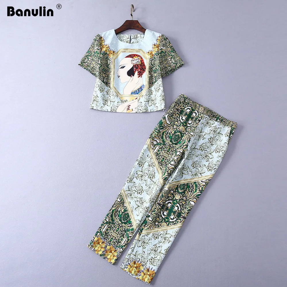 

Banulin Fashion Runway Two Pieces Set Character Print Applique Crop Top T-Shirt and Floral Print Pants Suit Women's Clothing
