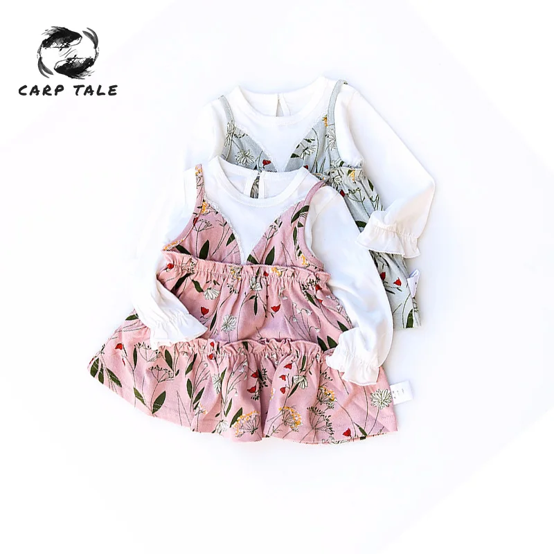 

Spring and Autumn Girls' Wear Dresses Kids Floral Mosaic Fake Two-piece dress Infant Long Sleeve clothing baby girl clothes
