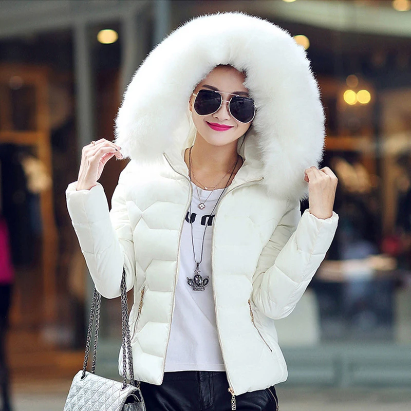 Женские парки, зимняя тонкая куртка с капюшоном, пальто с меховым воротником, хлопковое женское теплое Черное короткое пальто, верхняя одежда KWT4583 - Цвет: white coats