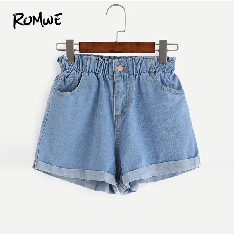 ROMWE эластичный пояс кромка Джинсовые шорты 2019 Для женщин лето синий женский корейские шорты прямой крой брючин шорты с завышенной талией и