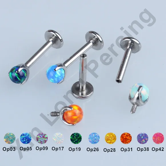 thumbnail image 2 of Implant Grade Titanium White Opal Flat Back Internally Threaded Labret Cartilage Tragus Ring 2 of 9