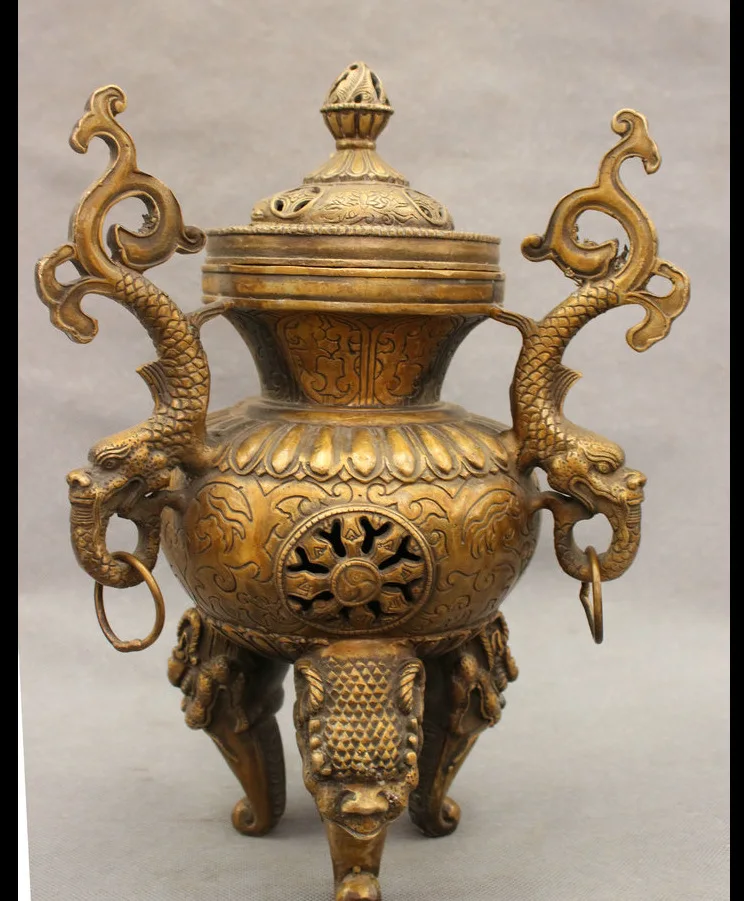 

hui88K839<<<12" Chinese Bronze Buddhism Dragon Head Statue Tibet Vajra Incense Burner Censer