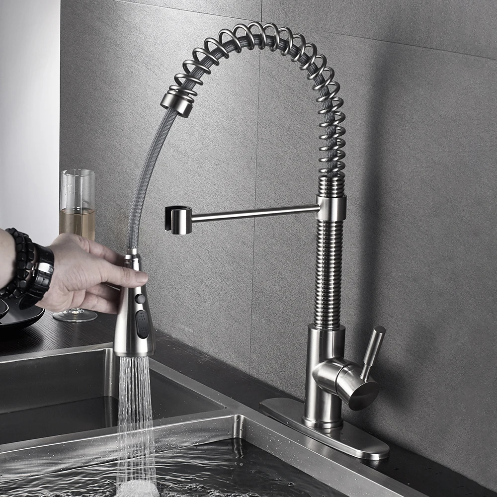  Kitchen Faucets Brushed Nickel Faucets for Kitchen Sink Single Pull Out Spring Spout Mixers Tap Hot - 32915320760