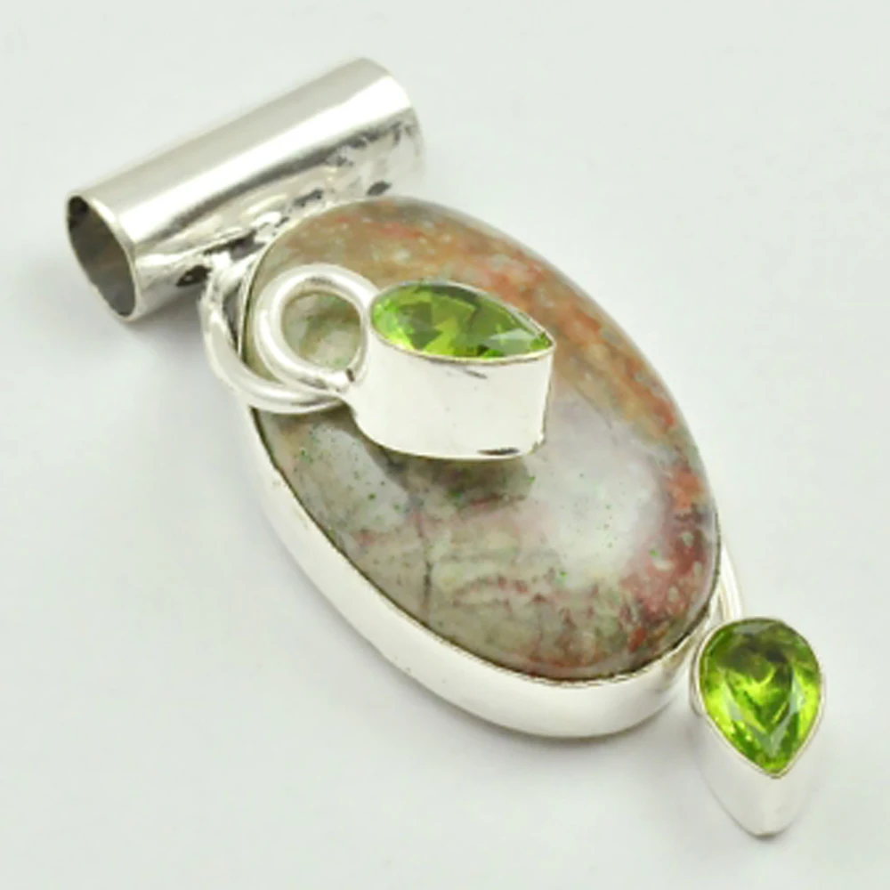 

Leopardskin Jaspers & Peridots Pendant Silver Overlay over Copper , 48 mm, P3355