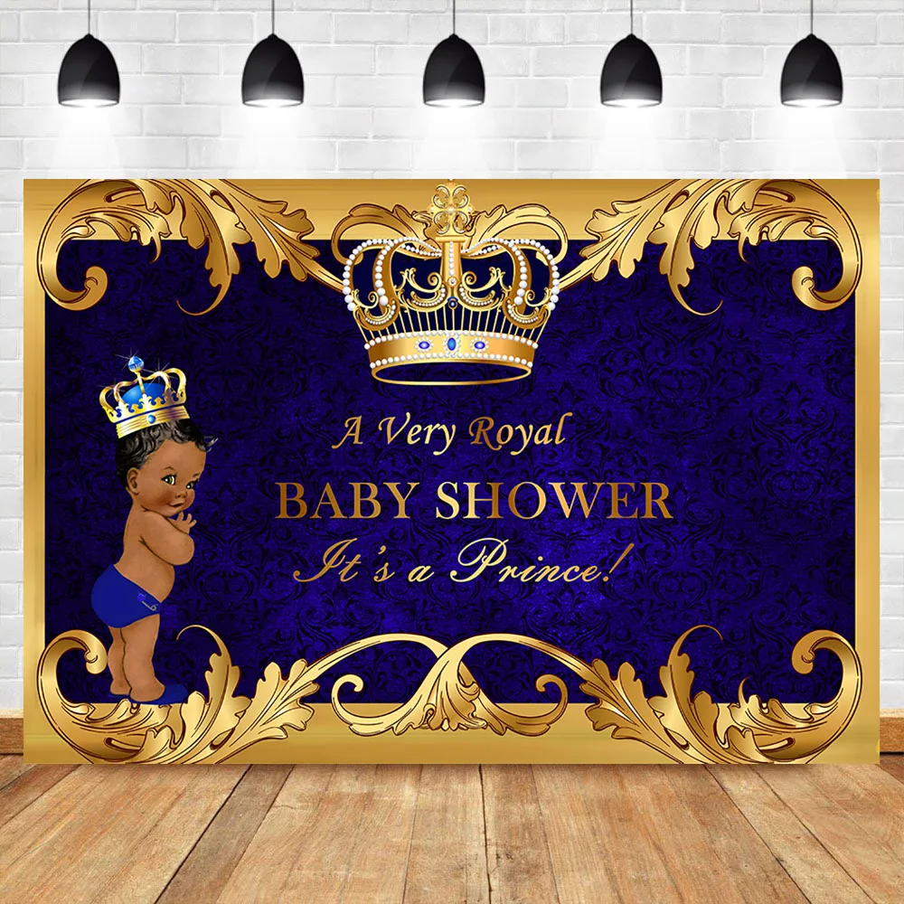 

NeoBack Royal Prince Baby Shower Backdrop Black Boy Gold Crown Royal Blue Photography Background
