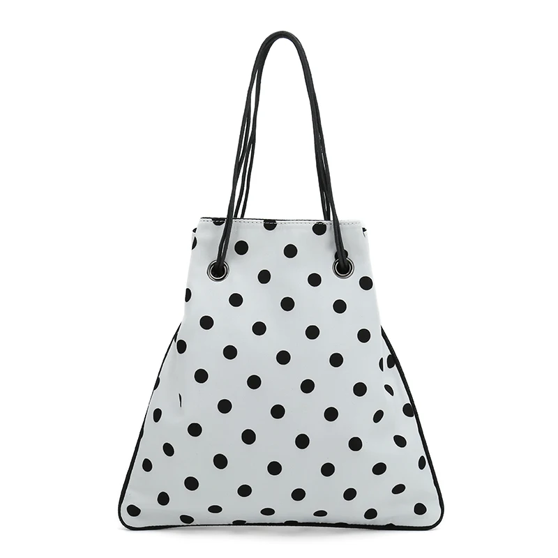 

CHALLEN Wave Point Chiffon Shoulder Bags Women Casual Drawstring Bucket Bag Female Summer Beach Travel Bags Black White Handbag