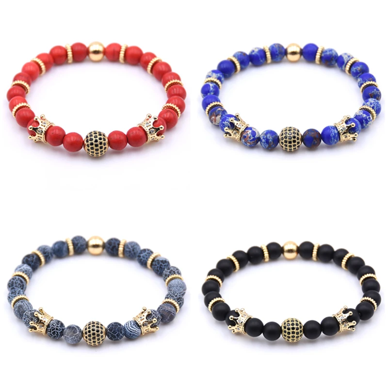 

New Trendy Natural Howlite Stone Beads Strand Bracelet Micro Pave CZ Copper Ball Crown Energy Men Women Bracelet Buddha Jewelry