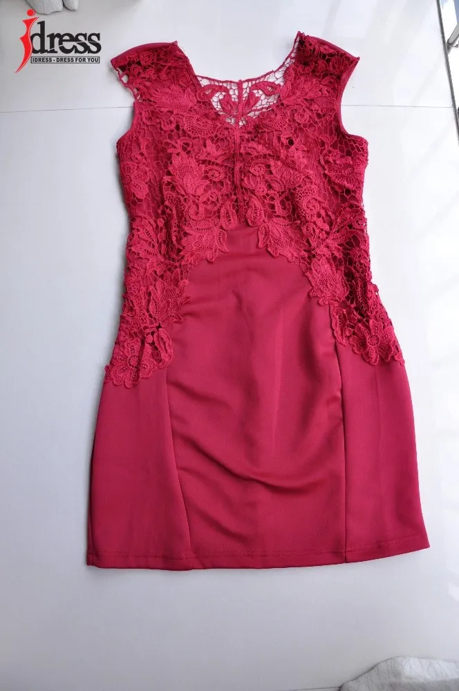 IDress Plus Size S-XXL 2016 New Red Blue Embroidery Lace Patchwork Bodycon Bandage Dress Sexy Sleeveless Knee Length Club Party Dress (2)
