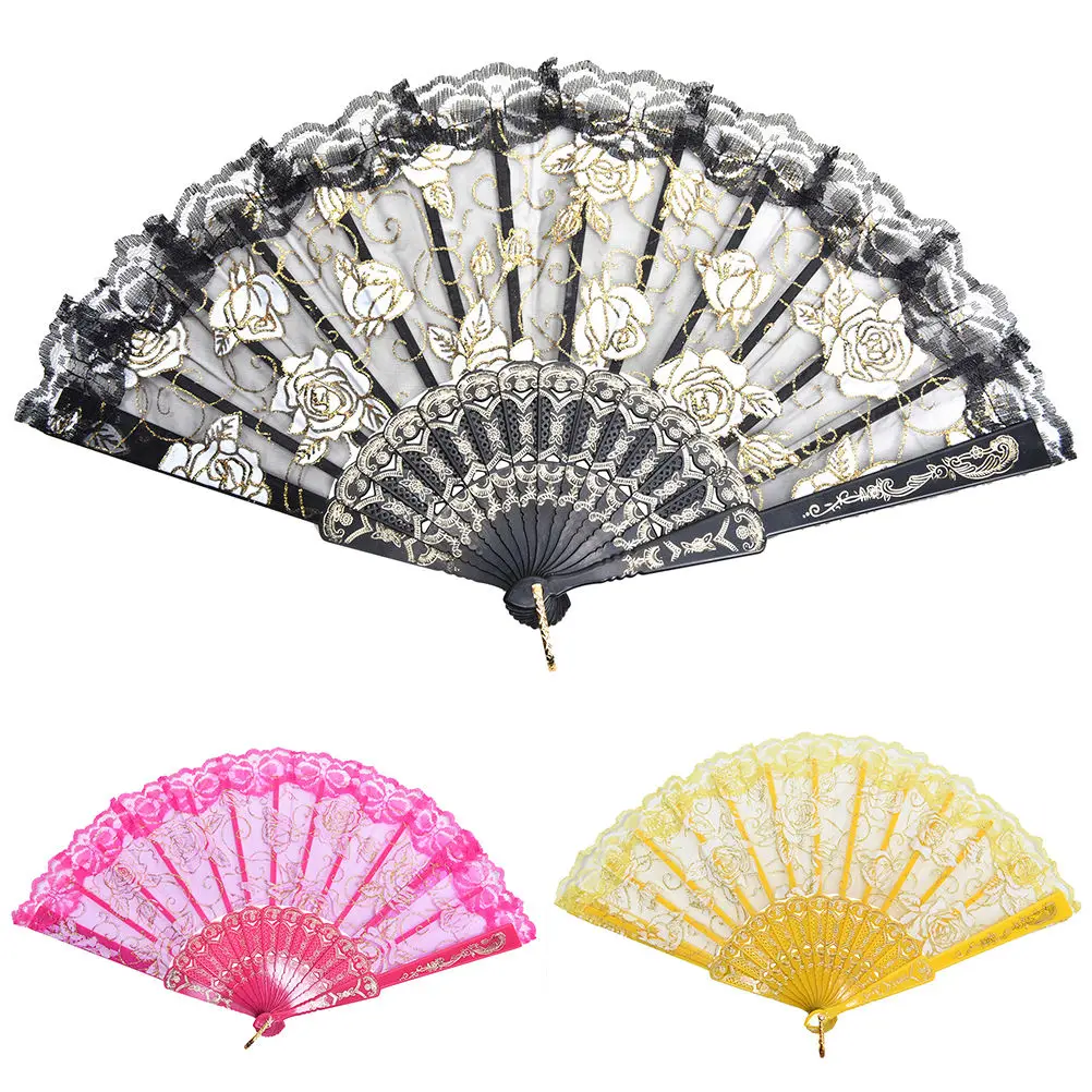 

Party Wedding Prom Dancing Accessories 10 Colors Summer Fan Lace Spanish Fabric Silk Folding Hand Held Dance Fans Flower