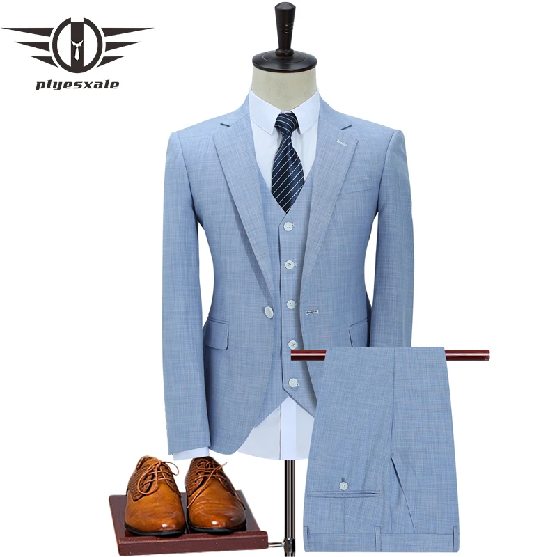 Plyesxale Slim Fit Мужские свадебные костюмы на одной пуговице темно синий светильник