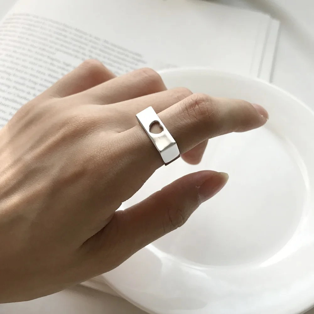 

Women's Cute Authentic S925 Sterling Silver FINE Jewelry Hollow-Out Heart Love Square Geometric Band ring adjust J473