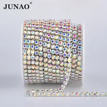 JUNAO – chaîne de Strass en verre transparent AB SS6 8 10 12 16 18, ruban de cristal, garniture en métal argenté, bande de Strass pour l'artisanat des vêtements