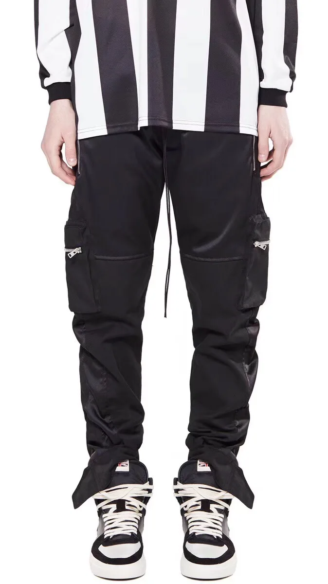 

QoolXCWear 2019 Men Pants Hip hop Satin Patchwork Cargo Track Pants Men Streetwear Snap Ankles Relaxed Fit Jogger Pants